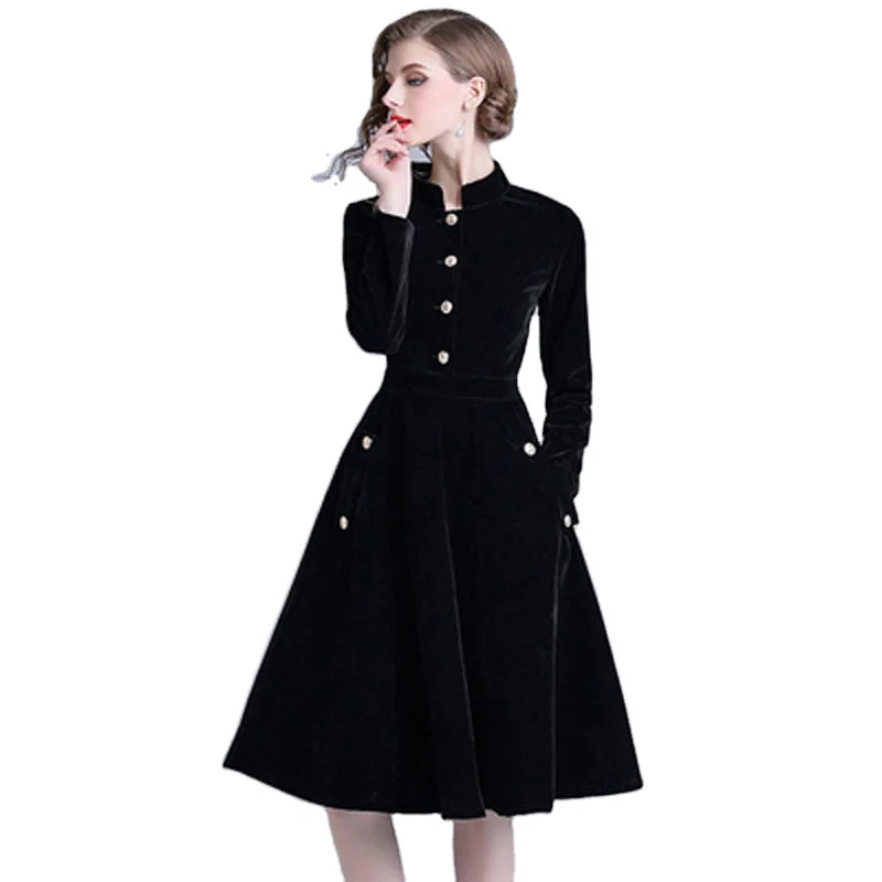 Fall/Winter velvet retro stand-up collar large swing dress Slim long sleeve dress TA307088 Fall/Winter velvet retro stand-up collar large swing dress Slim long sleeve dress TA307088