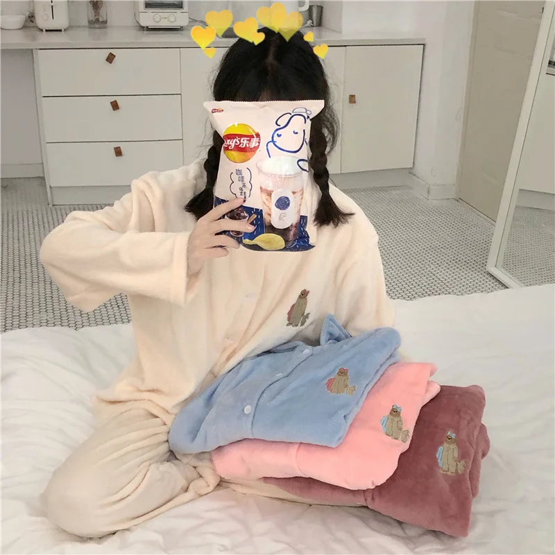 Women Pajama Sets Winter Plush Thicken Warm Soild Sweet Baggy Sleepwear Zipper Students Ulzzang Simple Bundle Trousers Outwear Women Pajama Sets Winter Plush Thicken Warm Soild Sweet Baggy Sleepwear Zipper Students Ulzzang Simple Bundle Trousers Outwear