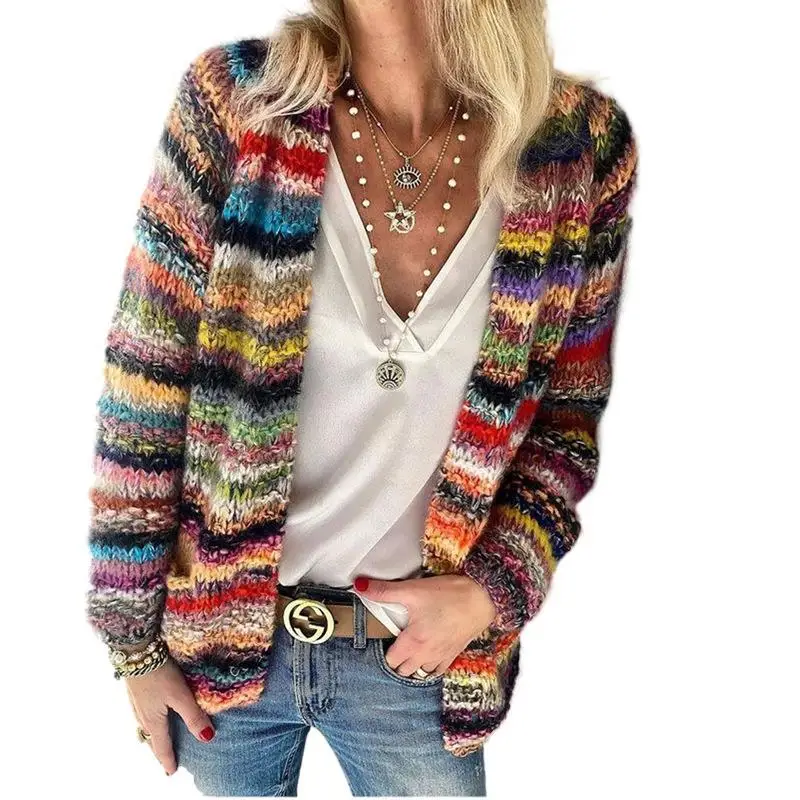 2021 Rainbow Multi Color Women Sweater Thin Women's Coat Long Sleeve Loose Knitted Cardigan Plus Size
