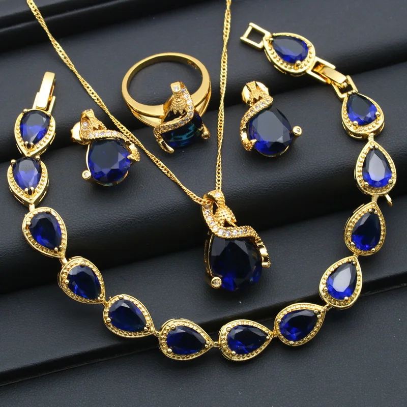 Women accessories jewelry for women ladies jewelry set Wedding Blue Zirconia Earrings Pendant Ring Bracelet Chain Halloween Gift Women accessories jewelry for women ladies jewelry set Wedding Blue Zirconia Earrings Pendant Ring Bracelet Chain Halloween Gift