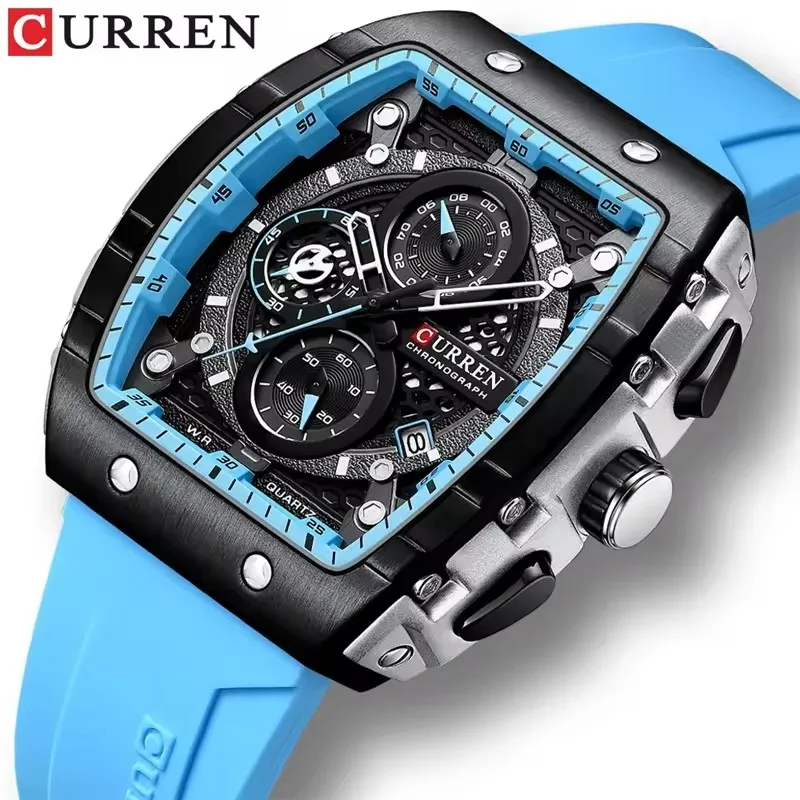 CURREN 8442 Sports Unique Rectangular Watches Large Dial Casual Quartz Silicone Bands Auto Date Business Wristwatches For Men