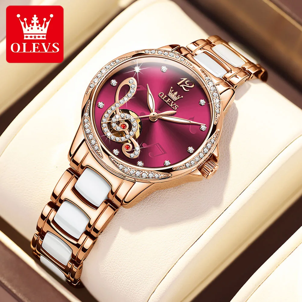 OLEVS 6656 Ceramic Mechanical Watch Women's Luxury Lady  Skeleton Flower Design  Women Watches