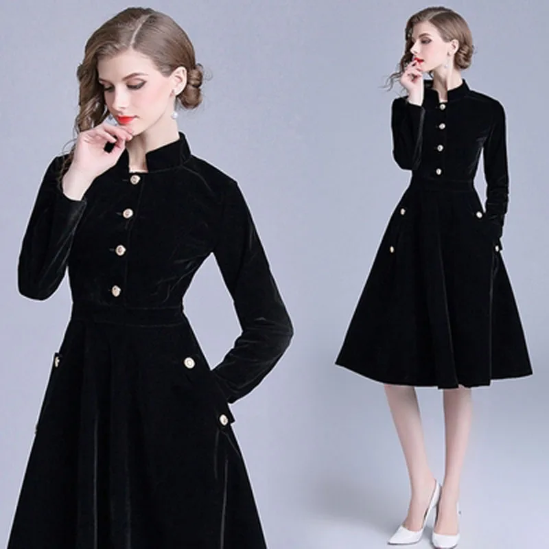 Fall/Winter velvet retro stand-up collar large swing dress Slim long sleeve dress TA307088