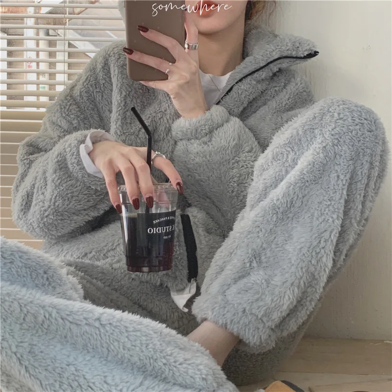 Women Pajama Sets Winter Plush Thicken Warm Soild Sweet Baggy Sleepwear Zipper Students Ulzzang Simple Bundle Trousers Outwear Women Pajama Sets Winter Plush Thicken Warm Soild Sweet Baggy Sleepwear Zipper Students Ulzzang Simple Bundle Trousers Outwear