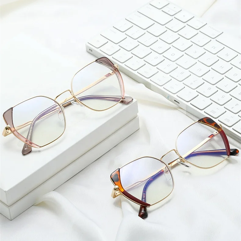 Jiuling eyewear custom logo low moq plain spectacles female double color frame new trendy big cat eye metal frame eye glasses