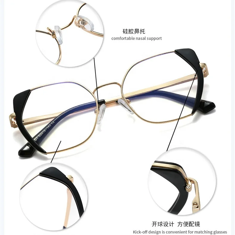 Jiuling eyewear custom logo low moq plain spectacles female double color frame new trendy big cat eye metal frame eye glasses Jiuling eyewear custom logo low moq plain spectacles female double color frame new trendy big cat eye metal frame eye glasses