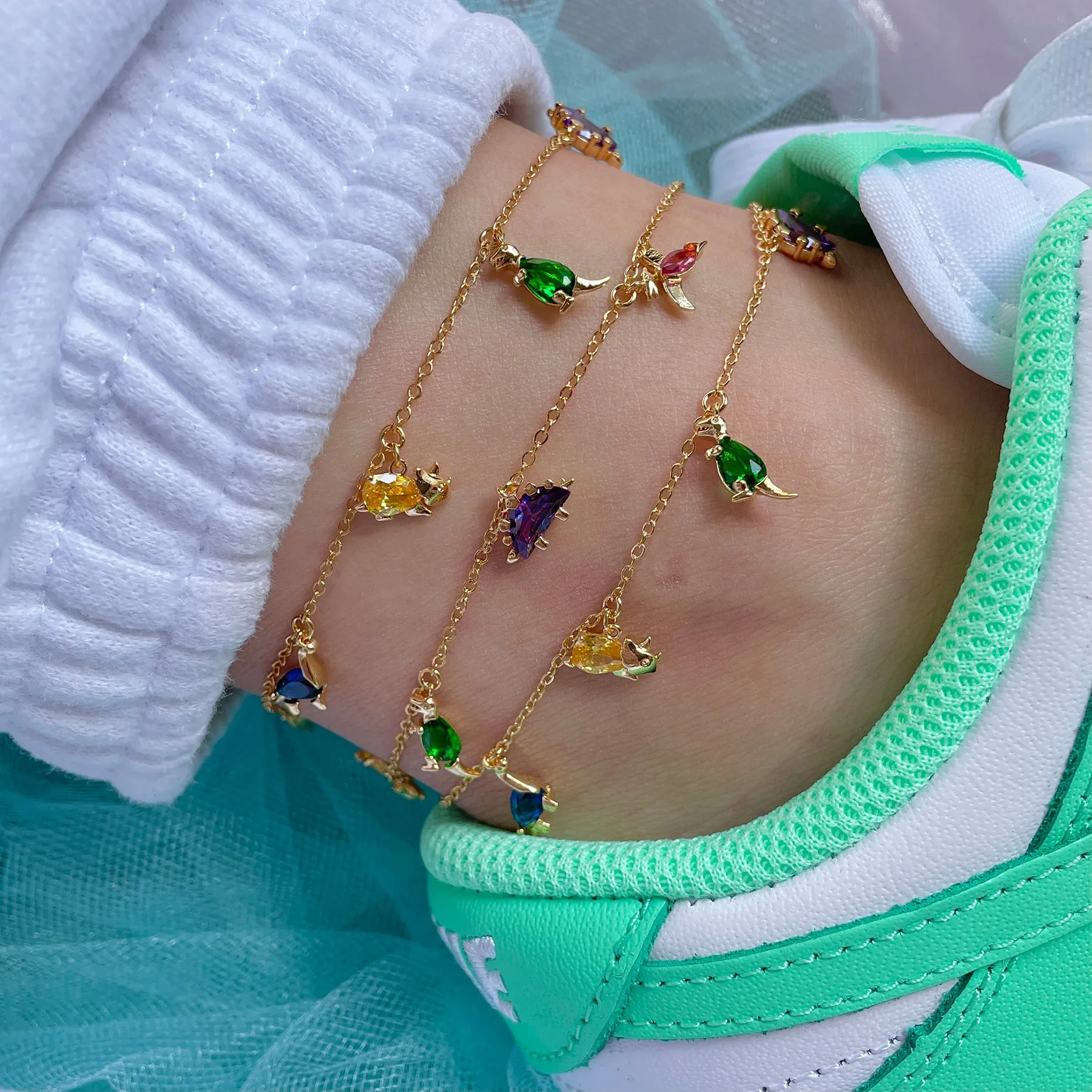 Minimal summer beach jewelry gold plated thin chain with colorful cz crystal diamond animal charm anklet bracelet for women