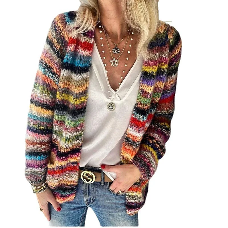2021 Rainbow Multi Color Women Sweater Thin Women's Coat Long Sleeve Loose Knitted Cardigan Plus Size