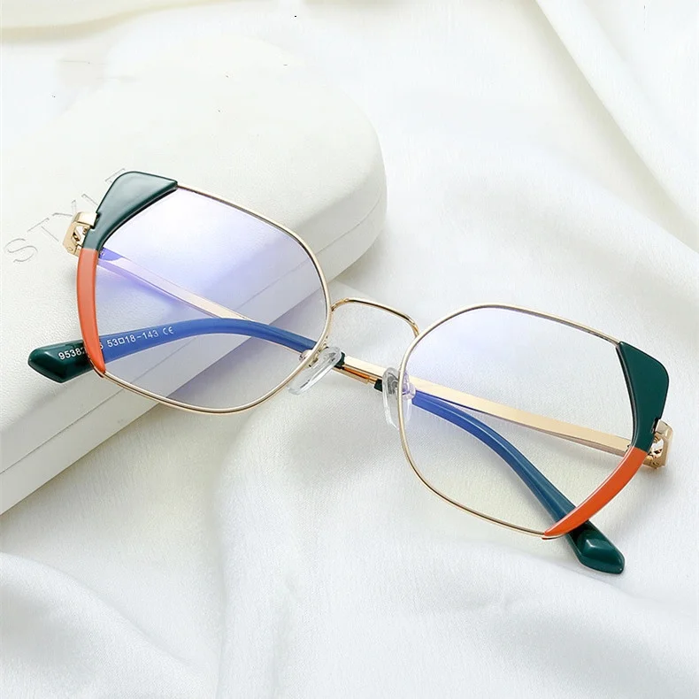 Jiuling eyewear custom logo low moq plain spectacles female double color frame new trendy big cat eye metal frame eye glasses Jiuling eyewear custom logo low moq plain spectacles female double color frame new trendy big cat eye metal frame eye glasses