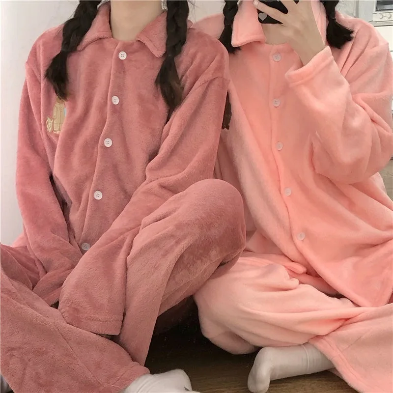 Women Pajama Sets Winter Plush Thicken Warm Soild Sweet Baggy Sleepwear Zipper Students Ulzzang Simple Bundle Trousers Outwear Women Pajama Sets Winter Plush Thicken Warm Soild Sweet Baggy Sleepwear Zipper Students Ulzzang Simple Bundle Trousers Outwear