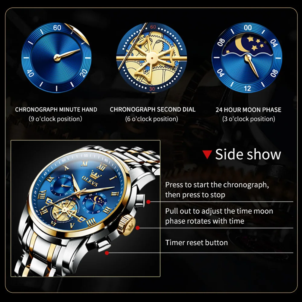 OLEVS 2859 Fashion Business men quartz watch tourbillon logo design multi-time zone steel watch Luxury Quartz Wristwatch