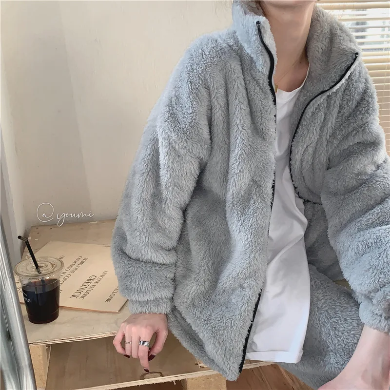 Women Pajama Sets Winter Plush Thicken Warm Soild Sweet Baggy Sleepwear Zipper Students Ulzzang Simple Bundle Trousers Outwear Women Pajama Sets Winter Plush Thicken Warm Soild Sweet Baggy Sleepwear Zipper Students Ulzzang Simple Bundle Trousers Outwear