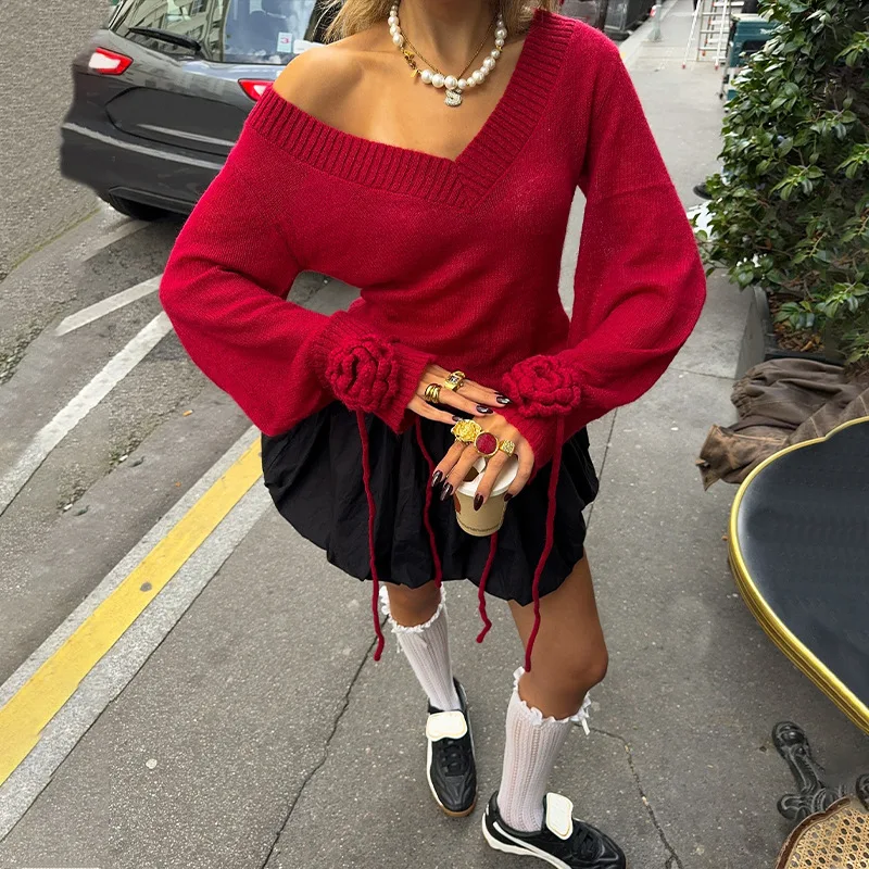 Off Shoulder Knitted Pullover Women Solid Color Casual Long Sleeve Sweaters 2024 Spring New Female Fashion Loose Tops Jumper Off Shoulder Knitted Pullover Women Solid Color Casual Long Sleeve Sweaters 2024 Spring New Female Fashion Loose Tops Jumper