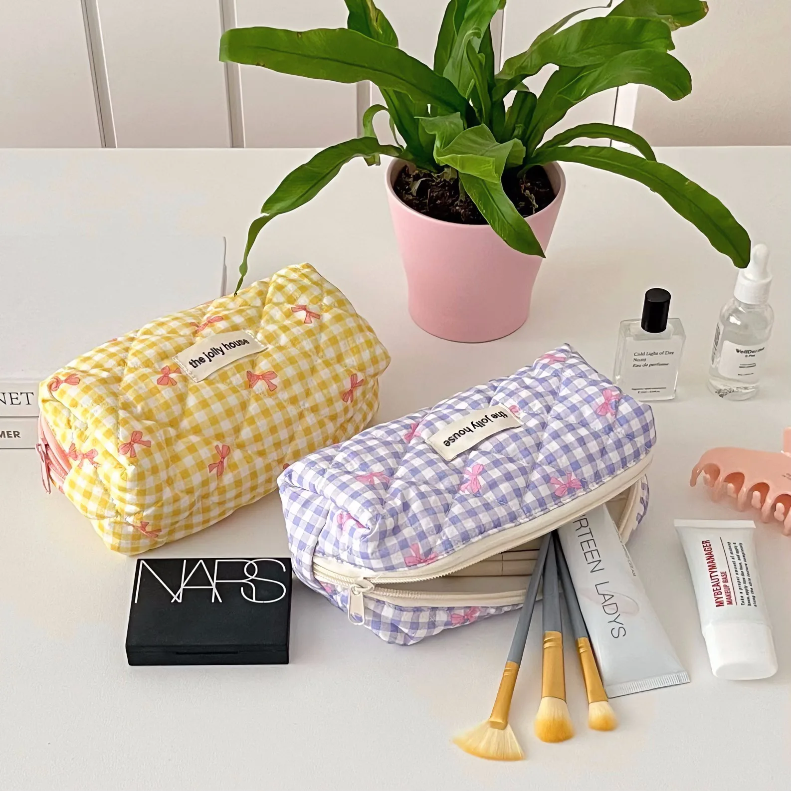 Fresh Plaid Bow Print Pencil Case Big Size Pen Bag Quilting Seam Stationary Storage Pouch