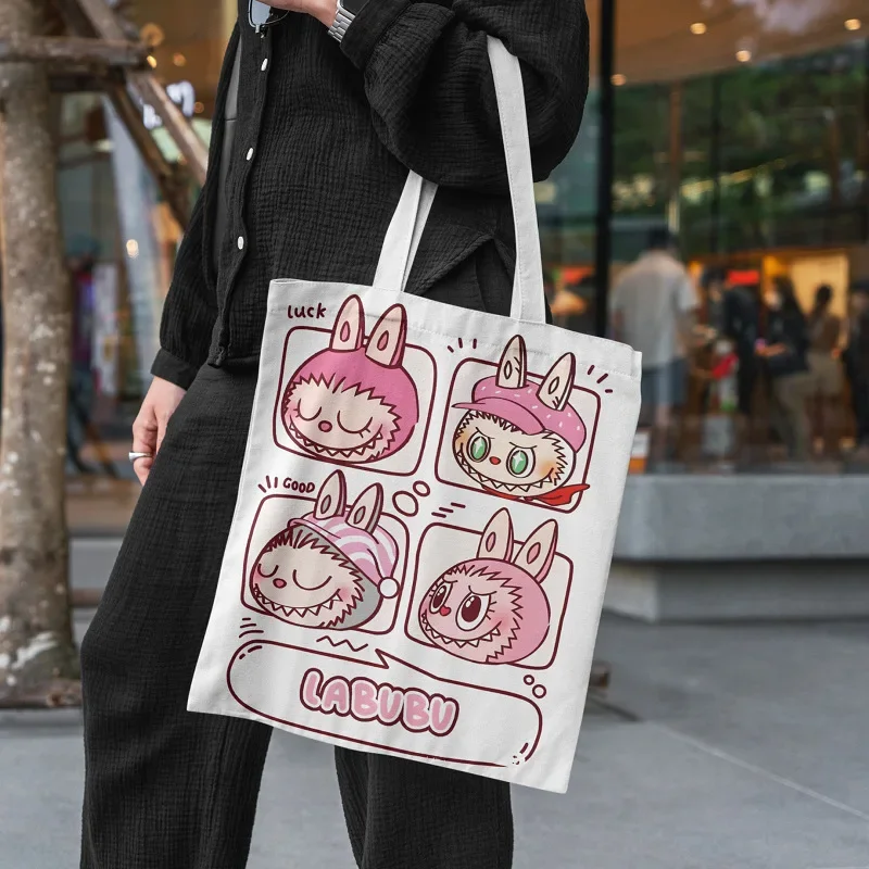 Labubu Monster Canvas Tote Bag - Cute Cartoon Shoulder Bag for Women, Girls, Students | Lisa Collection Casual Handbag