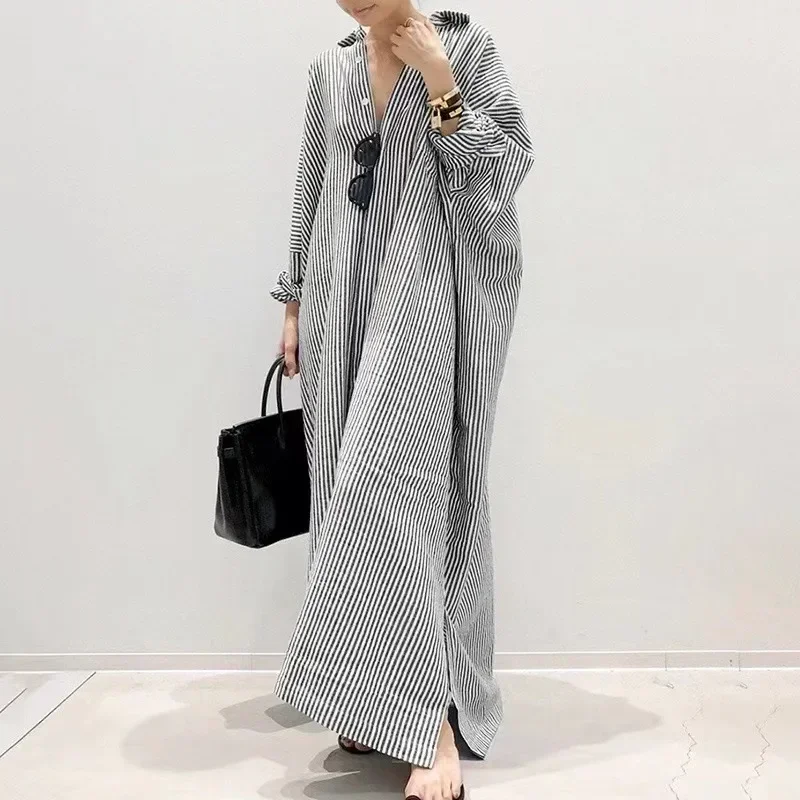 Summer New Women's Robe Fashion Stripe Single Breasted Shirt Loose Casual Style Elegant Women's Cotton and Hemp Long Dress