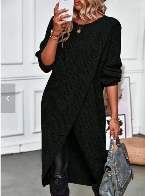Women's Autumn Knitted Long Dress Solid Color Round Neck Pullover Long Sleeve Slim Temperament Commuting Irregular Dress Jacket Women's Autumn Knitted Long Dress Solid Color Round Neck Pullover Long Sleeve Slim Temperament Commuting Irregular Dress Jacket