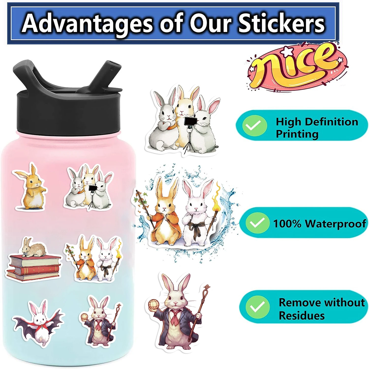 50PCS Bunny Rabbit Daily Day Cartoon Stickers Aesthetic Decals for Bike Bottle Suitcase Scrapbooking Children Gifts Sticker 50PCS Bunny Rabbit Daily Day Cartoon Stickers Aesthetic Decals for Bike Bottle Suitcase Scrapbooking Children Gifts Sticker