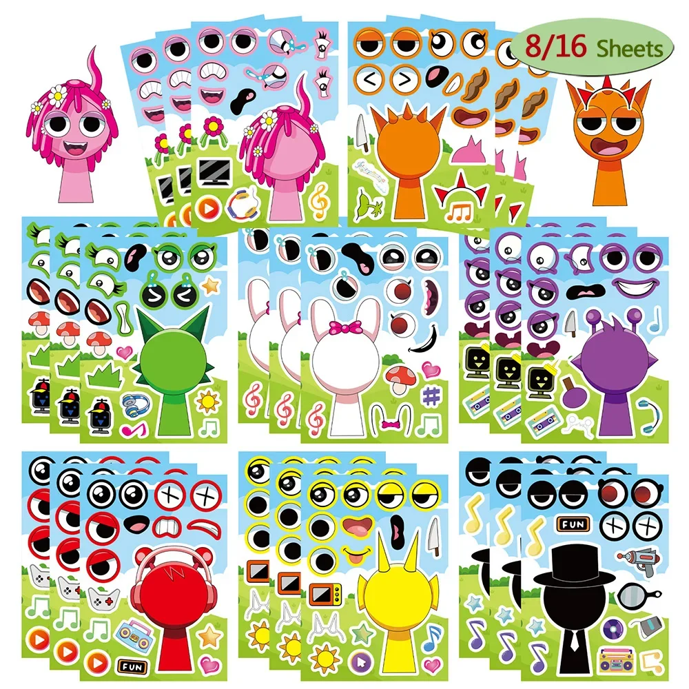 8/16Sheets Incredibox Sprunki Funny Puzzle Sticker Make a Face Decals Game Kids Toys Cartoon Assemble Jigsaw Children Party Gift