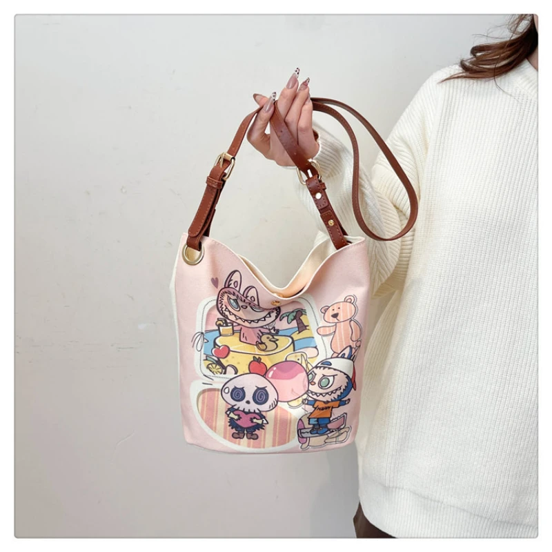 Cartoon LABUBU Canvas Bag for Students Large Capacity Commuting One Shoulder Bucket Crossbody Bag Anime Gift Cartoon LABUBU Canvas Bag for Students Large Capacity Commuting One Shoulder Bucket Crossbody Bag Anime Gift