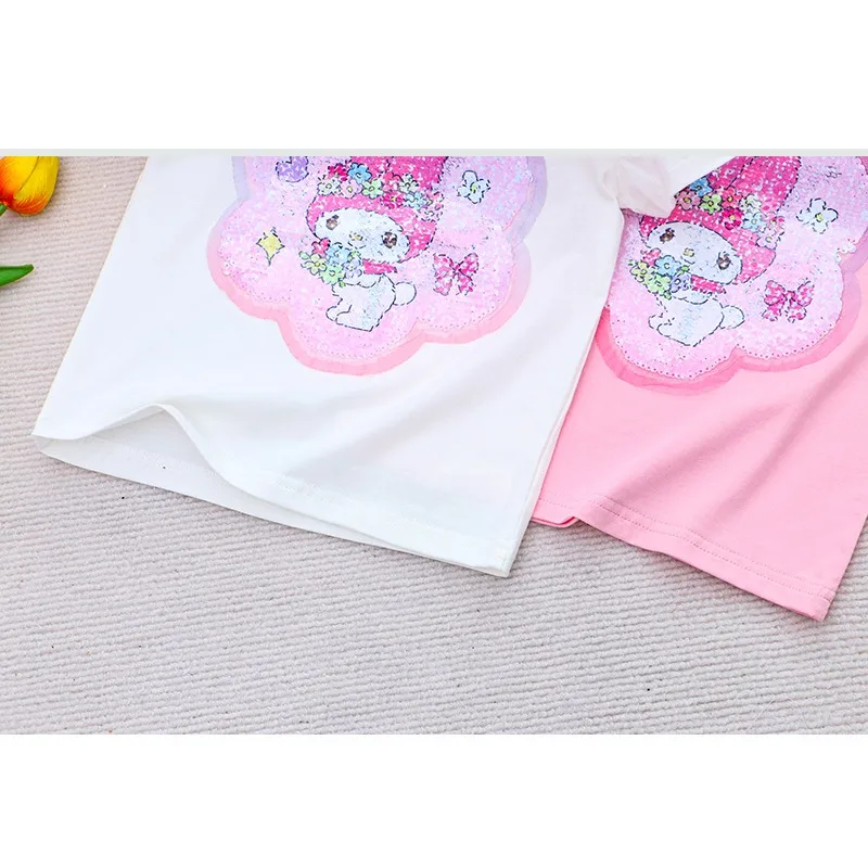 Sanrio Girl Short Sleeve T-Shirt Hello Kitty Kuromi Cinnamoroll Girls' Cotton Material T-shirt Multi Colored Cartoon Pattern Top