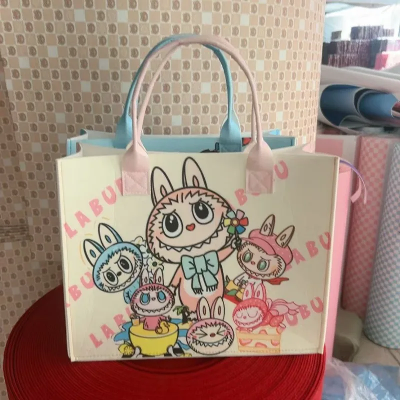 Labubu Creative Cartoon Anime Periphery Cute Print Student One Shoulder Hand Felt Bag Portable Open Large Capacity Travel Bag