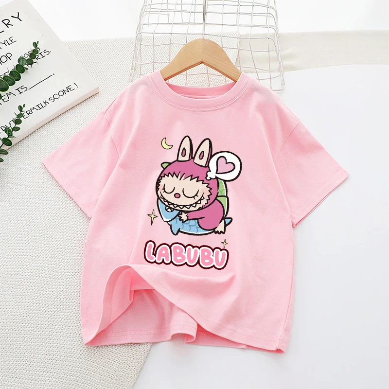 Labubu Girl Pink T-shirt Cotton Cute Anime Tees Short Sleeve Trend Kawaii Cartoon Kids Casual Street Clothes Party Birthday Gift