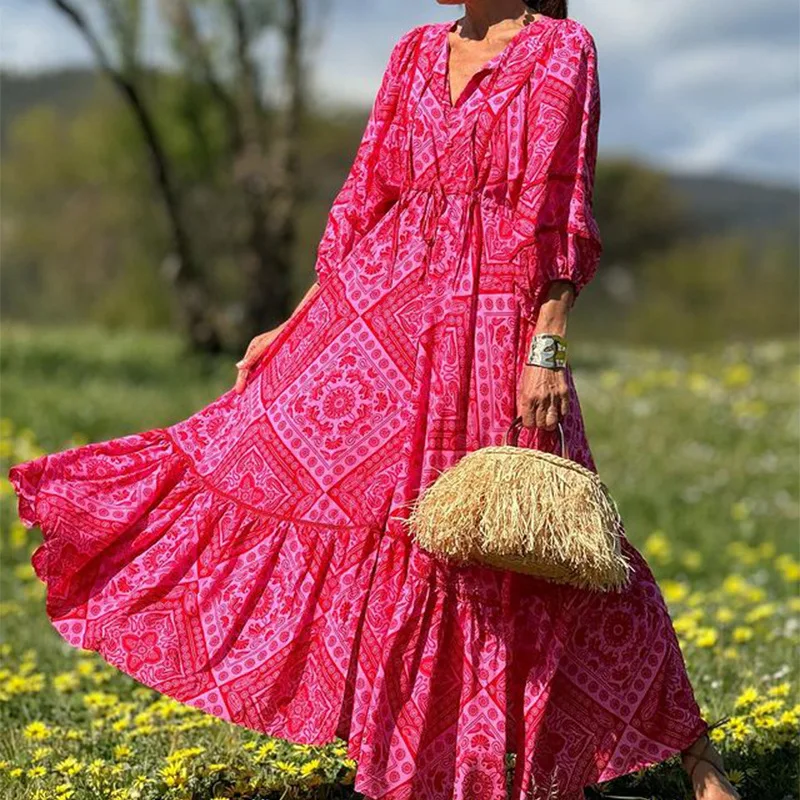 BAMBOOBOY Summer High-waisted Tied Loose-fit Long Dress Side Slit 3/4 Sleeve Printing V-neck Bohemian Casual Red Sundress