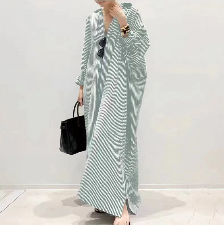 Summer New Women's Robe Fashion Stripe Single Breasted Shirt Loose Casual Style Elegant Women's Cotton and Hemp Long Dress