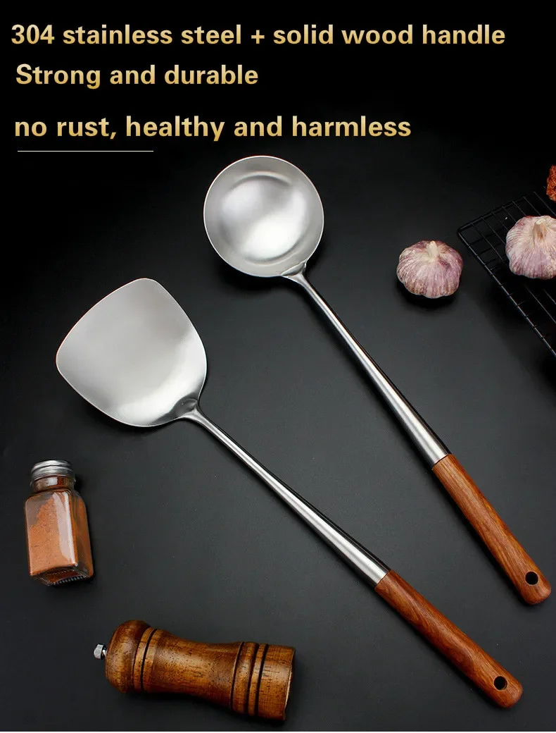 304 Stainless Steel Spatula Spoon With Wooden Handle Lengthened Cooking Spoon Anti-Scalding Cooking Shovel Kitchenware 304 Stainless Steel Spatula Spoon With Wooden Handle Lengthened Cooking Spoon Anti-Scalding Cooking Shovel Kitchenware