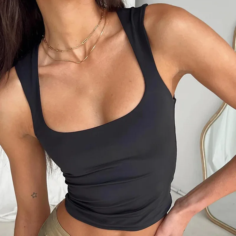 Sleeveless  Collar Crop Top Women Tank Tops Casual   Y2K  Summer 2024  Black T Shirts Sexy