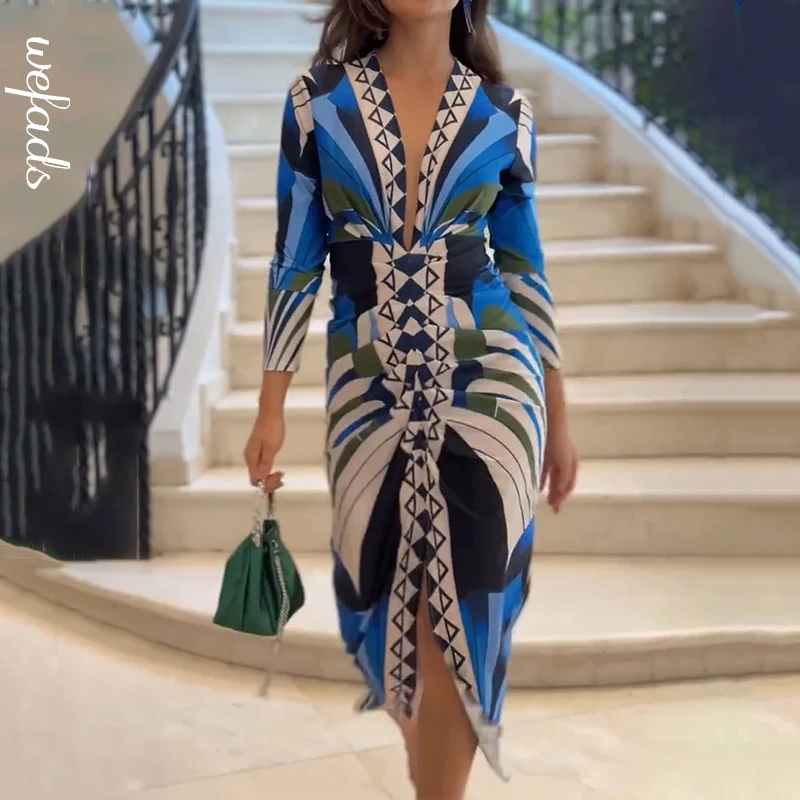 Wefads Long Dress Women Clothing Printed Long Sleeve V Neck Pleated Nipped Waist Slim Slit Casual Dresses Streetwear