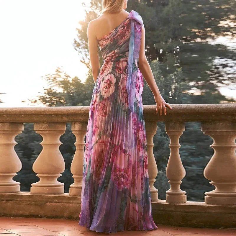 Sexy Summer Party Dress Women Fashion Bow Straps High Waist Pleated Beach Dress Chiffon Casual Floral Print Bohemian Long Dress Sexy Summer Party Dress Women Fashion Bow Straps High Waist Pleated Beach Dress Chiffon Casual Floral Print Bohemian Long Dress