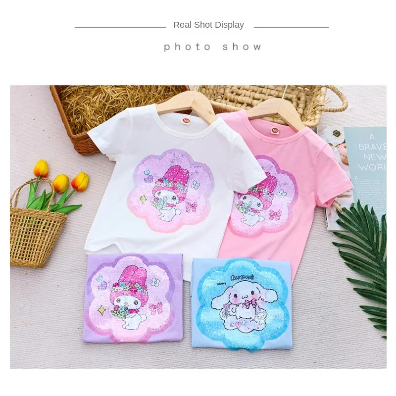 Sanrio Girl Short Sleeve T-Shirt Hello Kitty Kuromi Cinnamoroll Girls' Cotton Material T-shirt Multi Colored Cartoon Pattern Top
