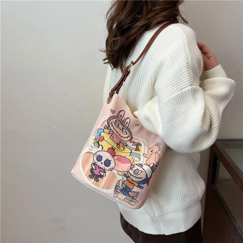 Cartoon LABUBU Canvas Bag for Students Large Capacity Commuting One Shoulder Bucket Crossbody Bag Anime Gift Cartoon LABUBU Canvas Bag for Students Large Capacity Commuting One Shoulder Bucket Crossbody Bag Anime Gift