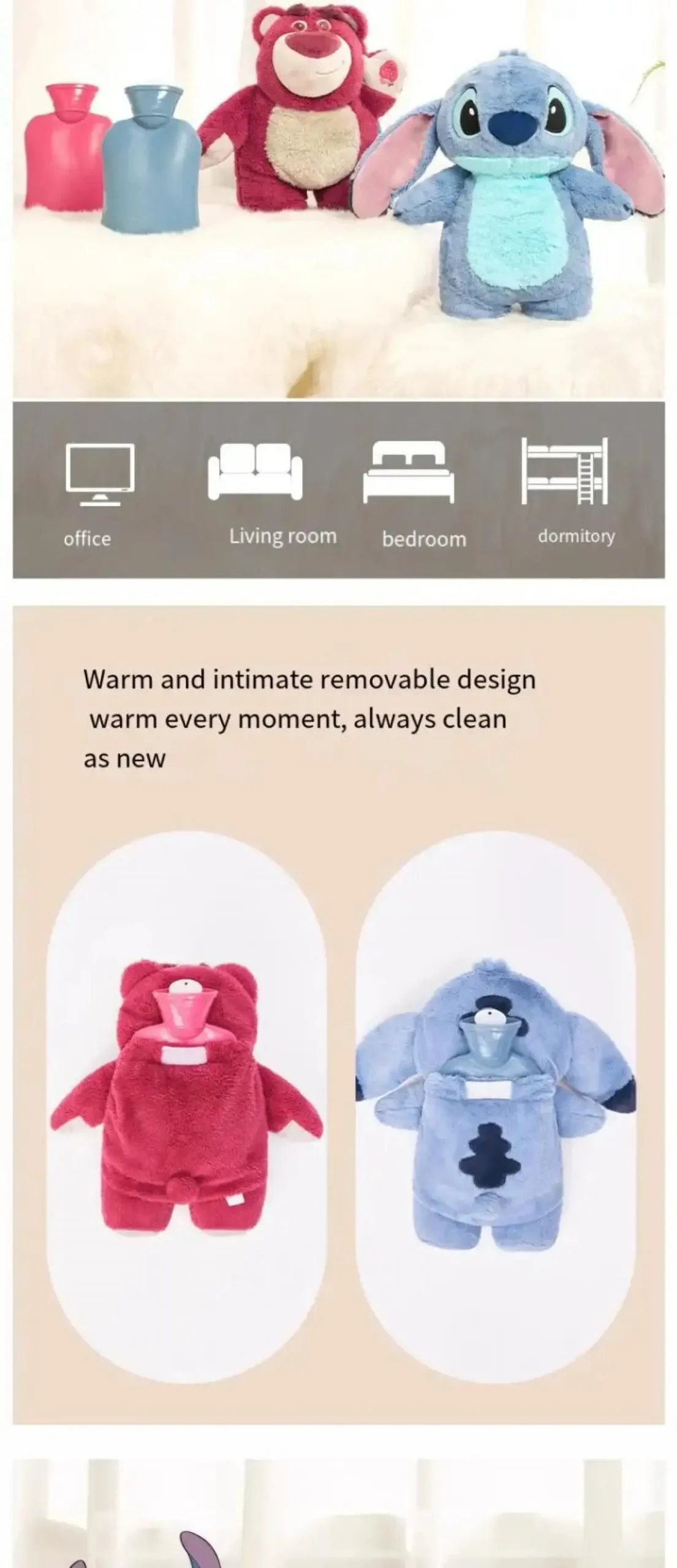 Strawberry Bear Stitch Hot Water Bottle Cute Plush Warm Bag Winter Gift for Girls Dorm Essential