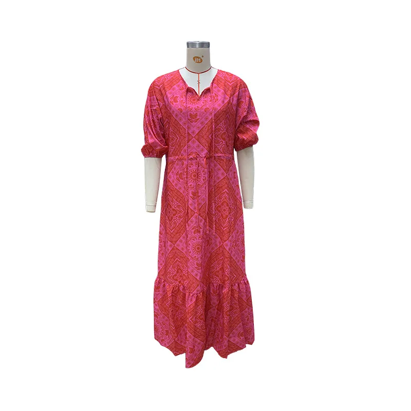 BAMBOOBOY Summer High-waisted Tied Loose-fit Long Dress Side Slit 3/4 Sleeve Printing V-neck Bohemian Casual Red Sundress