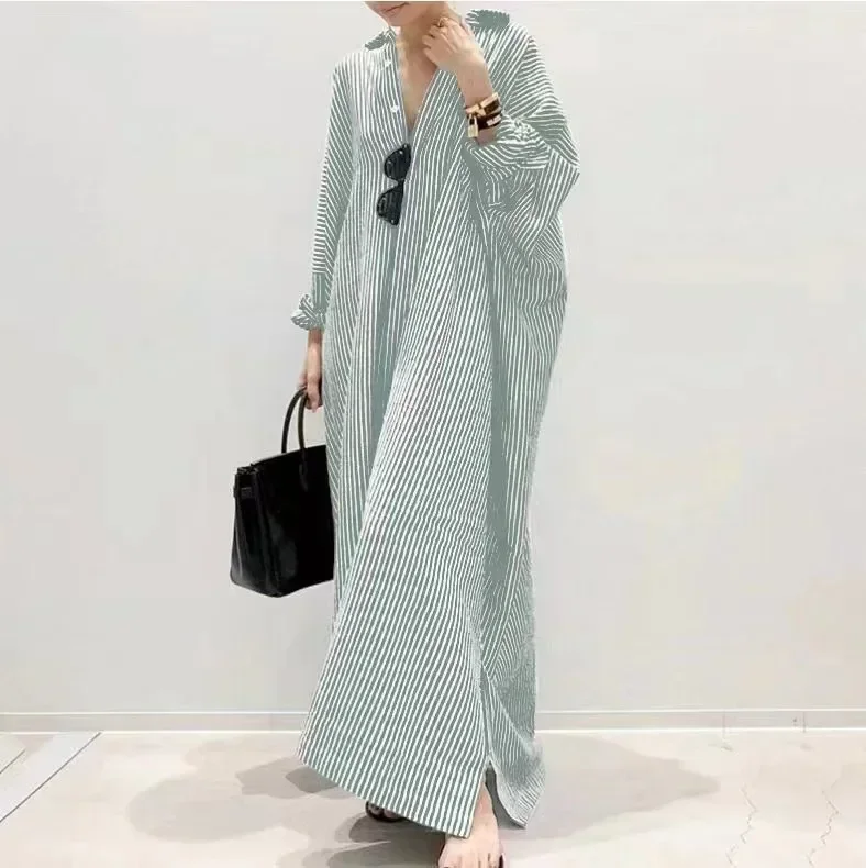Summer New Women's Robe Fashion Stripe Single Breasted Shirt Loose Casual Style Elegant Women's Cotton and Hemp Long Dress