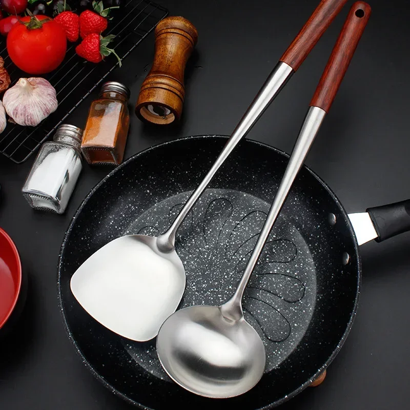 304 Stainless Steel Spatula Spoon With Wooden Handle Lengthened Cooking Spoon Anti-Scalding Cooking Shovel Kitchenware 304 Stainless Steel Spatula Spoon With Wooden Handle Lengthened Cooking Spoon Anti-Scalding Cooking Shovel Kitchenware