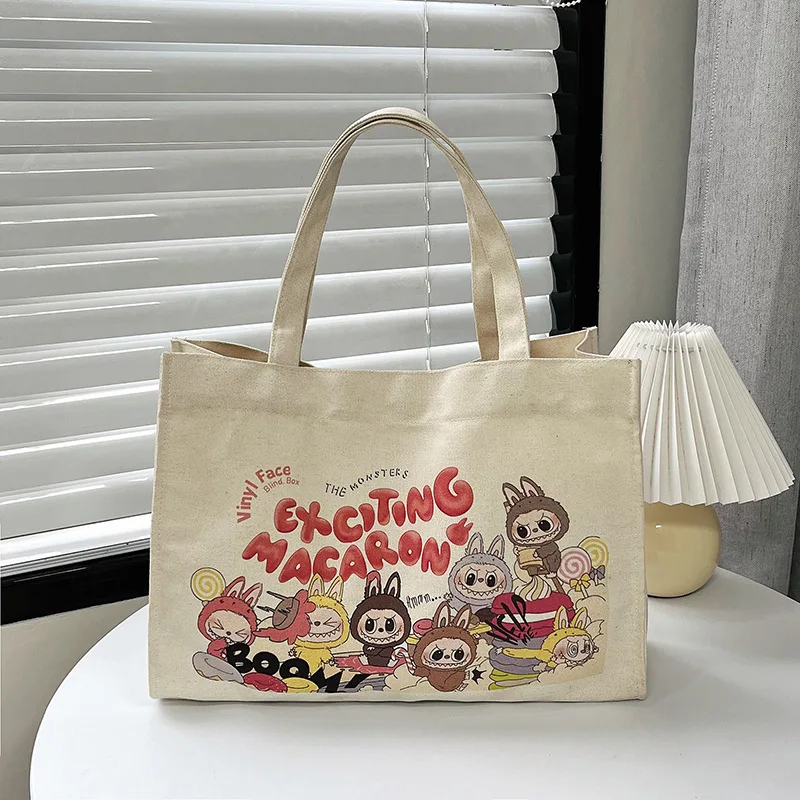 2024 New Labubu Printed Letters Tote Bag Large Shoulder Bag Ladies Canvas Zipper Concealed Commuting Everyday Joker Handbag