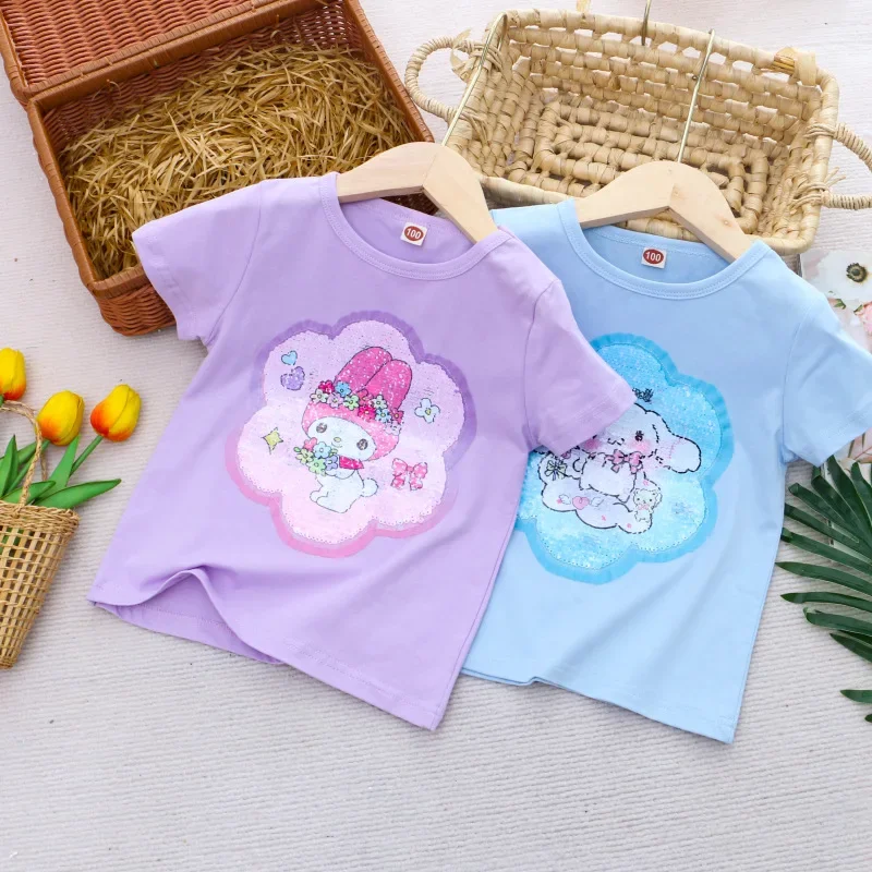 Sanrio Girl Short Sleeve T-Shirt Hello Kitty Kuromi Cinnamoroll Girls' Cotton Material T-shirt Multi Colored Cartoon Pattern Top