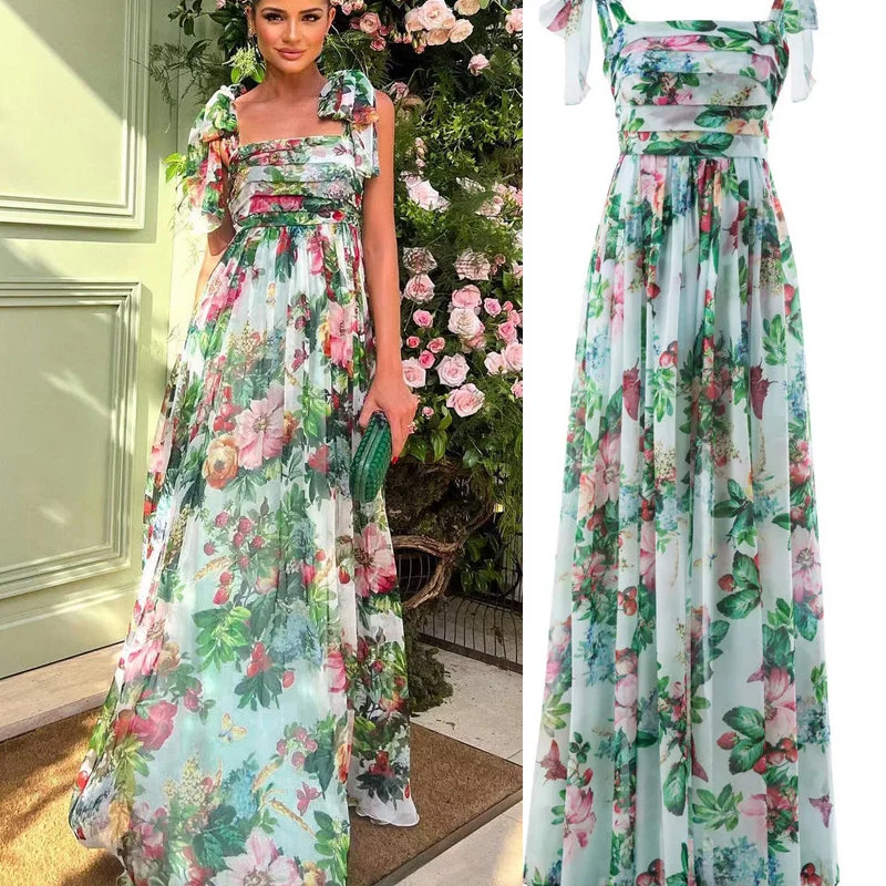 Sexy Summer Party Dress Women Fashion Bow Straps High Waist Pleated Beach Dress Chiffon Casual Floral Print Bohemian Long Dress Sexy Summer Party Dress Women Fashion Bow Straps High Waist Pleated Beach Dress Chiffon Casual Floral Print Bohemian Long Dress