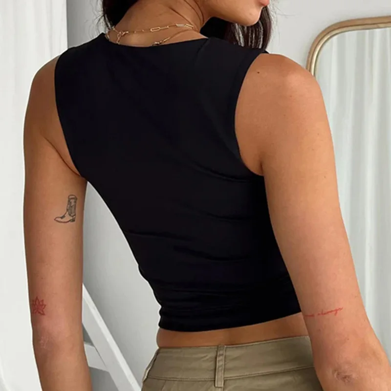 Sleeveless  Collar Crop Top Women Tank Tops Casual   Y2K  Summer 2024  Black T Shirts Sexy