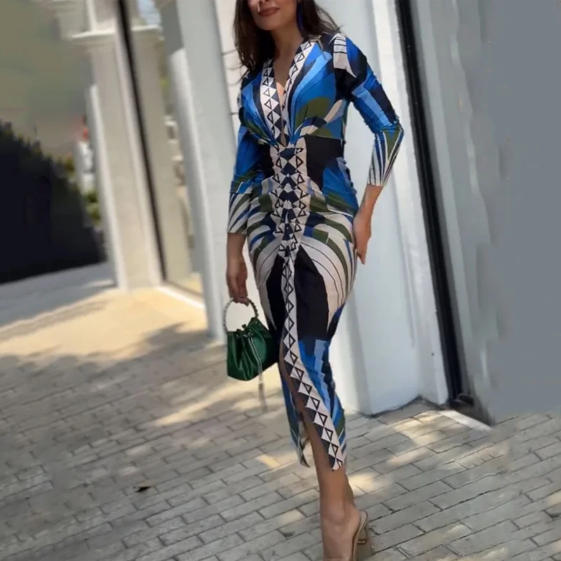 Wefads Long Dress Women Clothing Printed Long Sleeve V Neck Pleated Nipped Waist Slim Slit Casual Dresses Streetwear Wefads Long Dress Women Clothing Printed Long Sleeve V Neck Pleated Nipped Waist Slim Slit Casual Dresses Streetwear