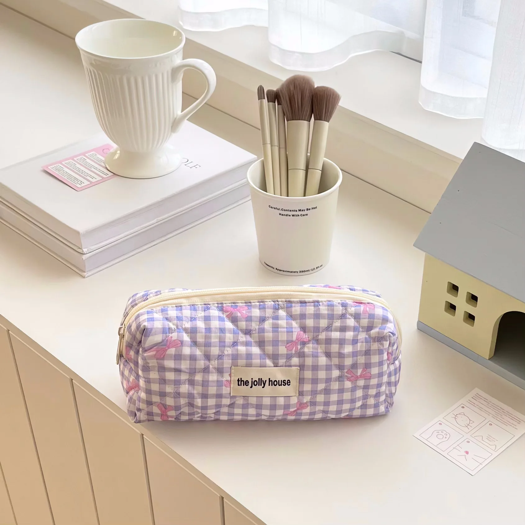 Fresh Plaid Bow Print Pencil Case Big Size Pen Bag Quilting Seam Stationary Storage Pouch