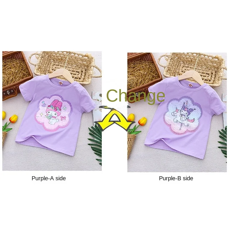 Sanrio Girl Short Sleeve T-Shirt Hello Kitty Kuromi Cinnamoroll Girls' Cotton Material T-shirt Multi Colored Cartoon Pattern Top