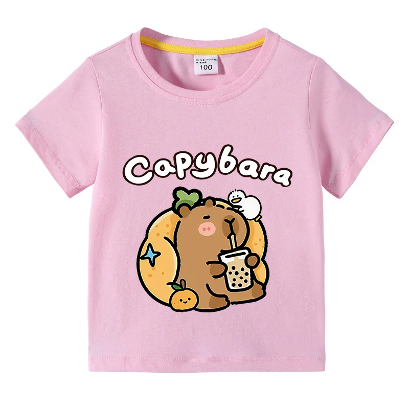 Children Cotton T-shirt Kids Capybara T-shirt 3-10Years Child Boys Cute Capibara Round Neck Tops Tee Kids Clothes For Summer