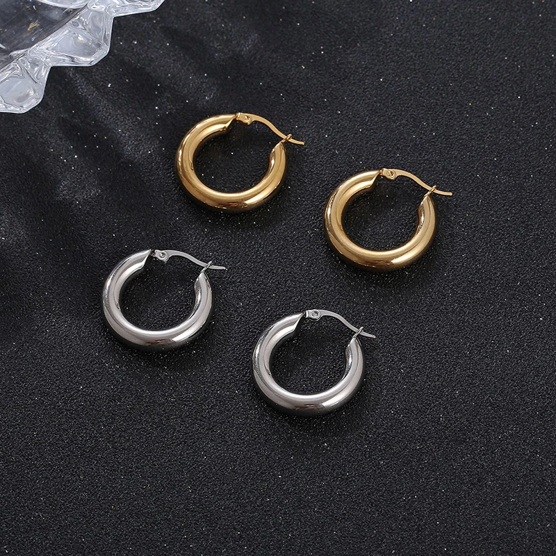Classic Fashion Smooth Round Hoop Earrings For Women Stainless Steel 5mm Thick Ear Buckle Huggie Earrings Circle Vintage Jewelry Classic Fashion Smooth Round Hoop Earrings For Women Stainless Steel 5mm Thick Ear Buckle Huggie Earrings Circle Vintage Jewelry