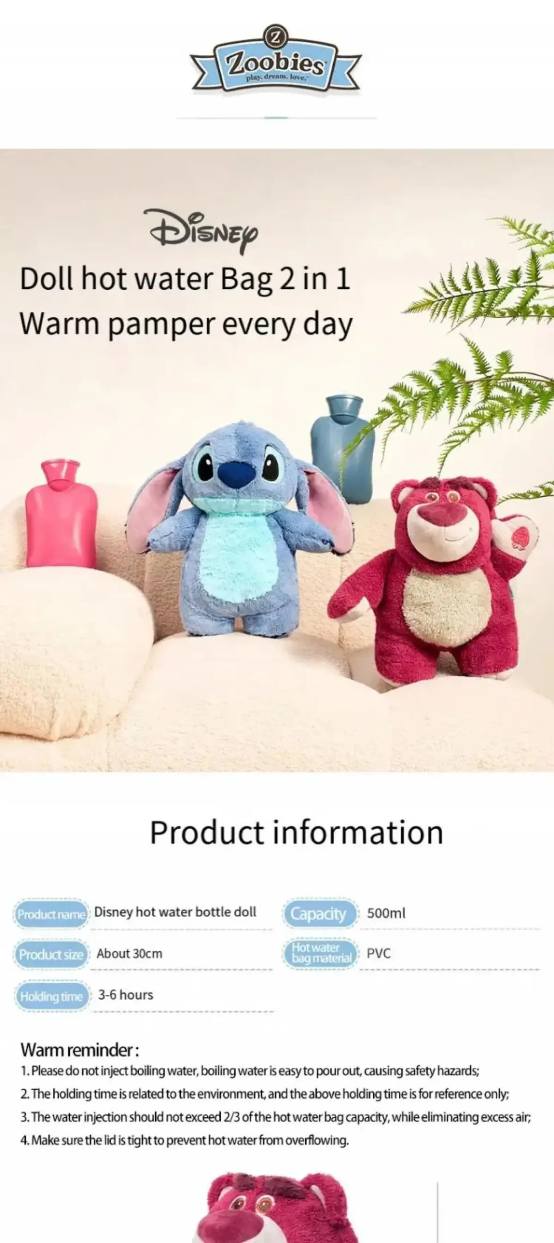 Strawberry Bear Stitch Hot Water Bottle Cute Plush Warm Bag Winter Gift for Girls Dorm Essential