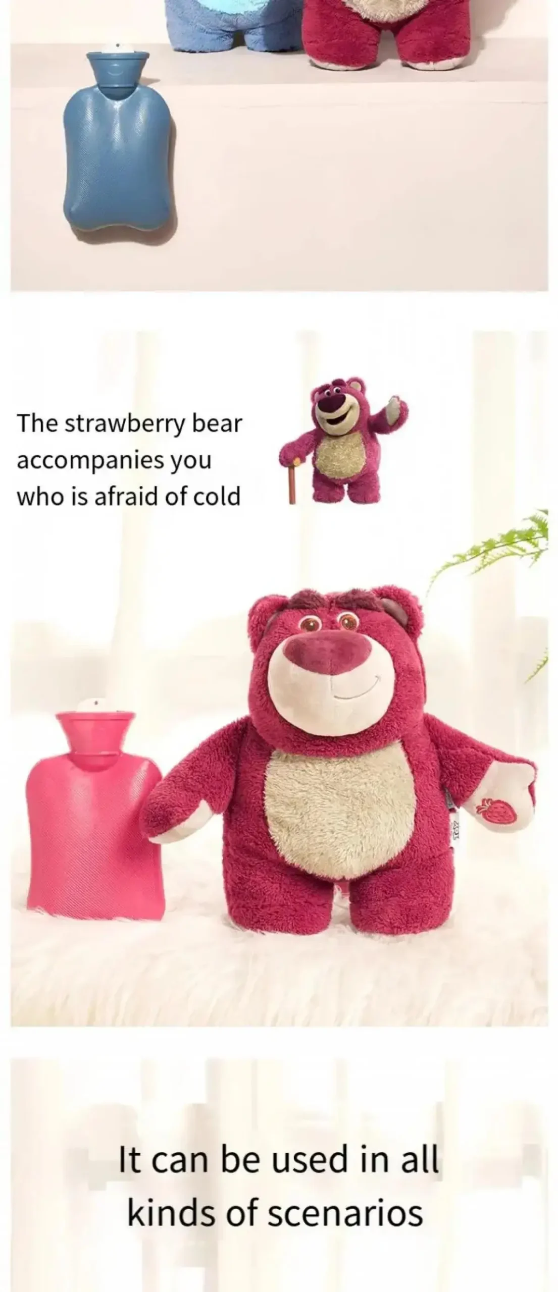 Strawberry Bear Stitch Hot Water Bottle Cute Plush Warm Bag Winter Gift for Girls Dorm Essential